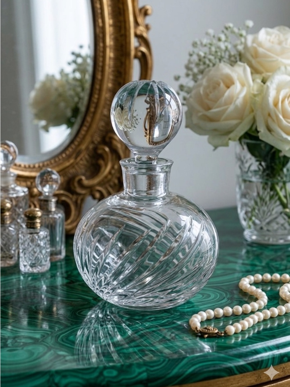 VTG ~ Perfume Bottle ~ Swirl Cut with Etching ~ Spherical Topper with Etching.